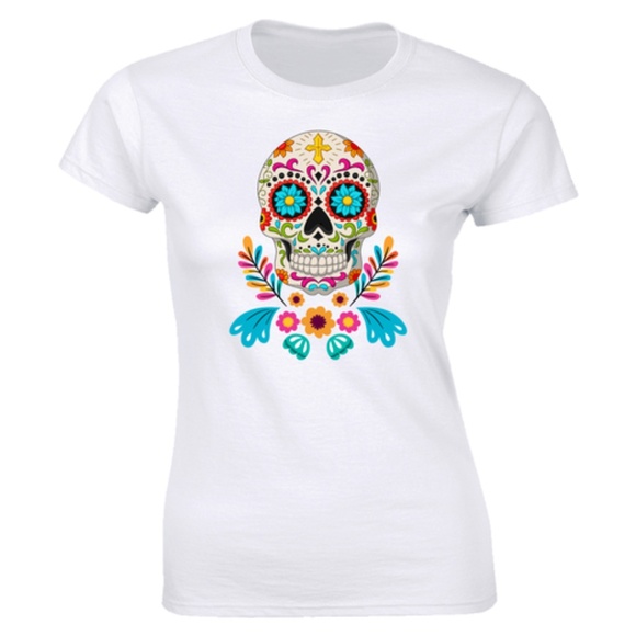 Half It Tops - Traditional Skull Mexico Skull T-Shirt Calavera Half It Tops - Traditional Skull Mexico Skull T-Shirt Calavera